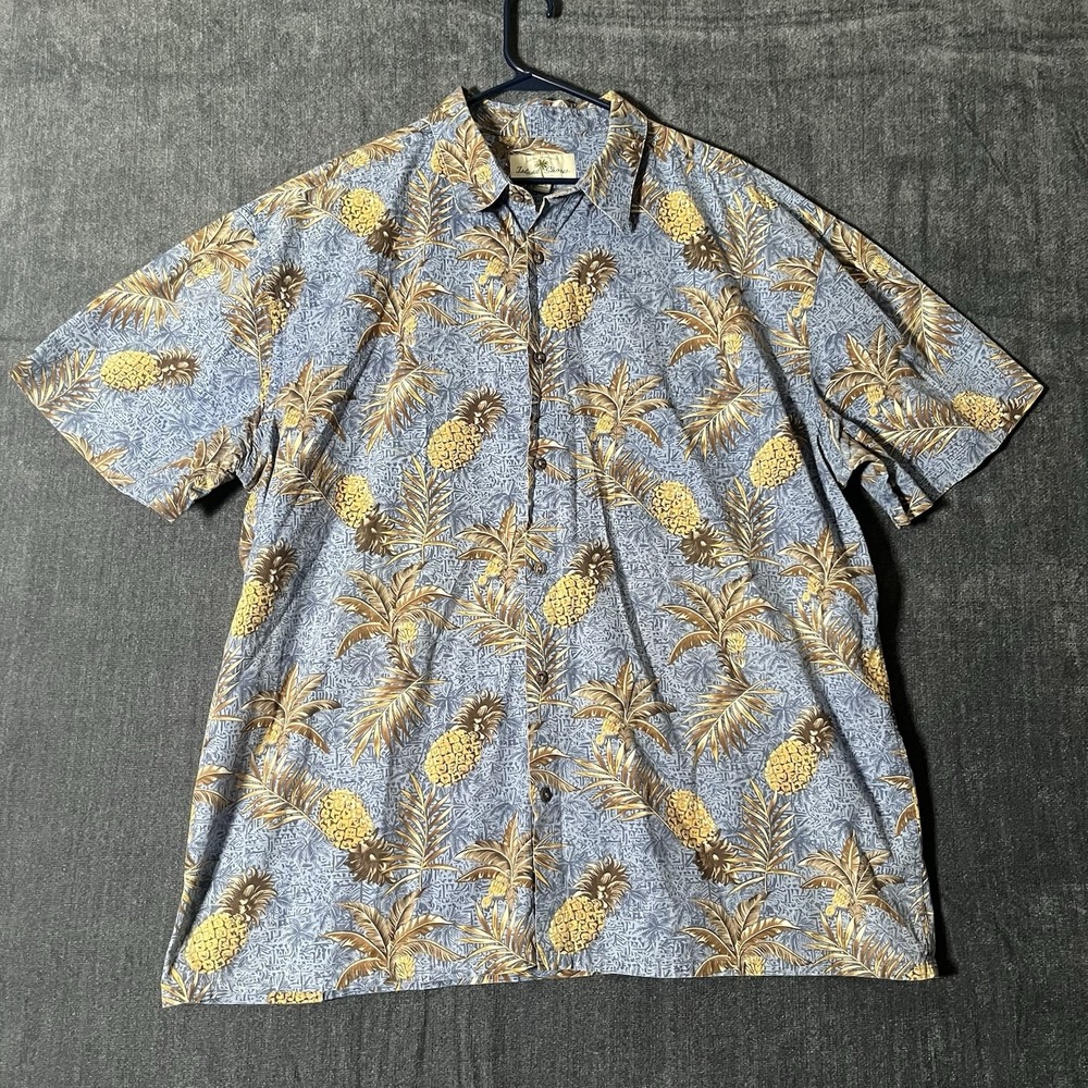 Island Shores Men XXL Hawaiian Shirt Blue Yellow Pineapple Palm Tree Button Up